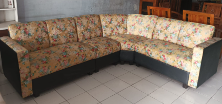 Sofa Sudut L Kuning Motif Bunga